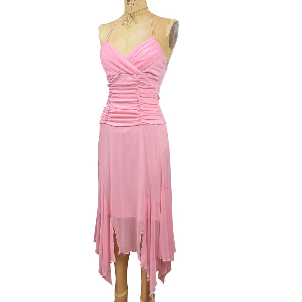Vintage Windsor Pink Halter Dress Handkerchief Hem XS Ruched Fairy Y2K Prom - Picture 4 of 16